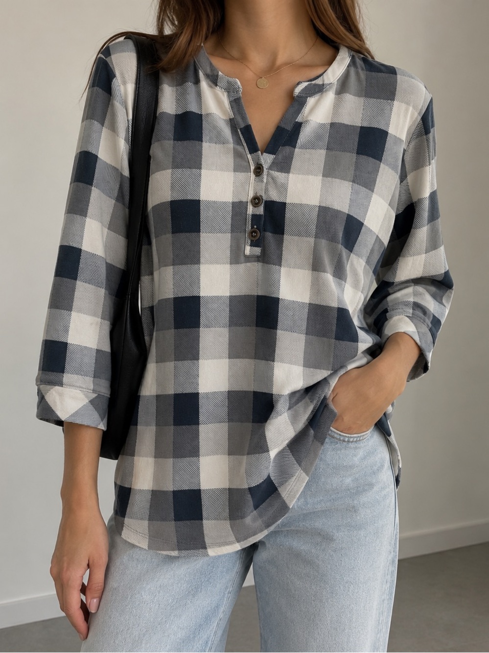 A & Co Black and White Plaid Henley Tunic